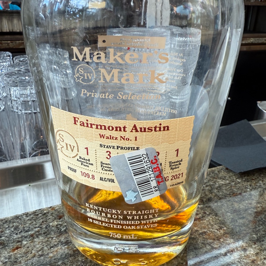 Maker's Mark Private Selection (Fairmont Austin) Waltz No. 1 Kentucky Straight Bourbon Whiskey Barrel Finished With 10 Selected Oak Staves