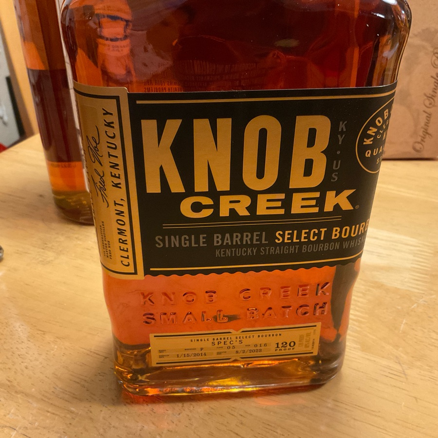 Knob Creek Single Barrel Select Bourbon Kentucky Straight Bourbon Whiskey Small Batch W-P F-5 R-016 Barreled Date: 1/15/2014 Selected Date: 8/2/2023 (Spec's 2023)