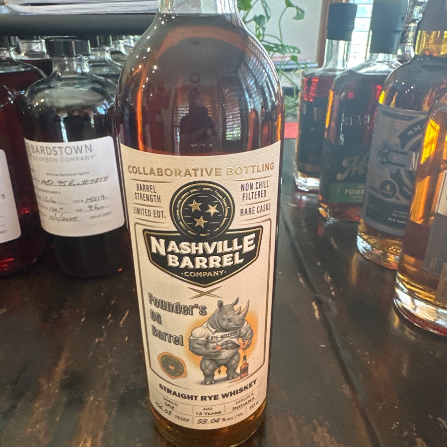 Nashville Barrel Company Collaborative Bottling Straight Rye Whiskey Founder's OG Barrel Rye-Noceros barrel 562