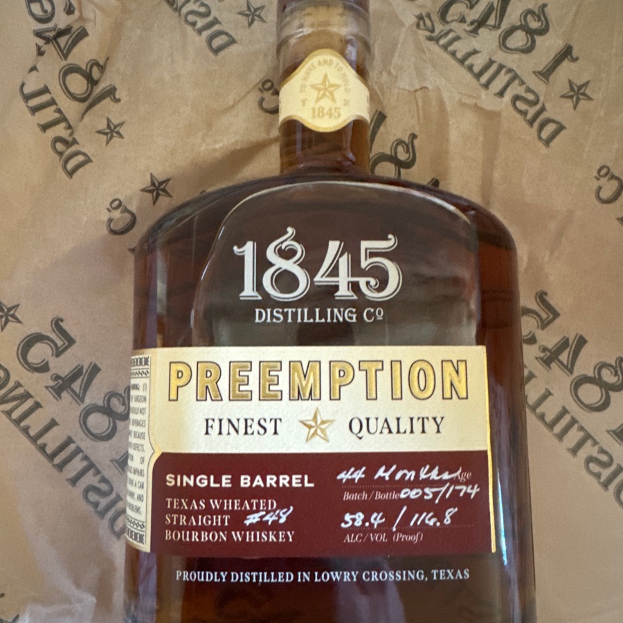 1845 Distilling Preemption Single Barrel Texas Wheated Bourbon Batch 5 Bottle 174