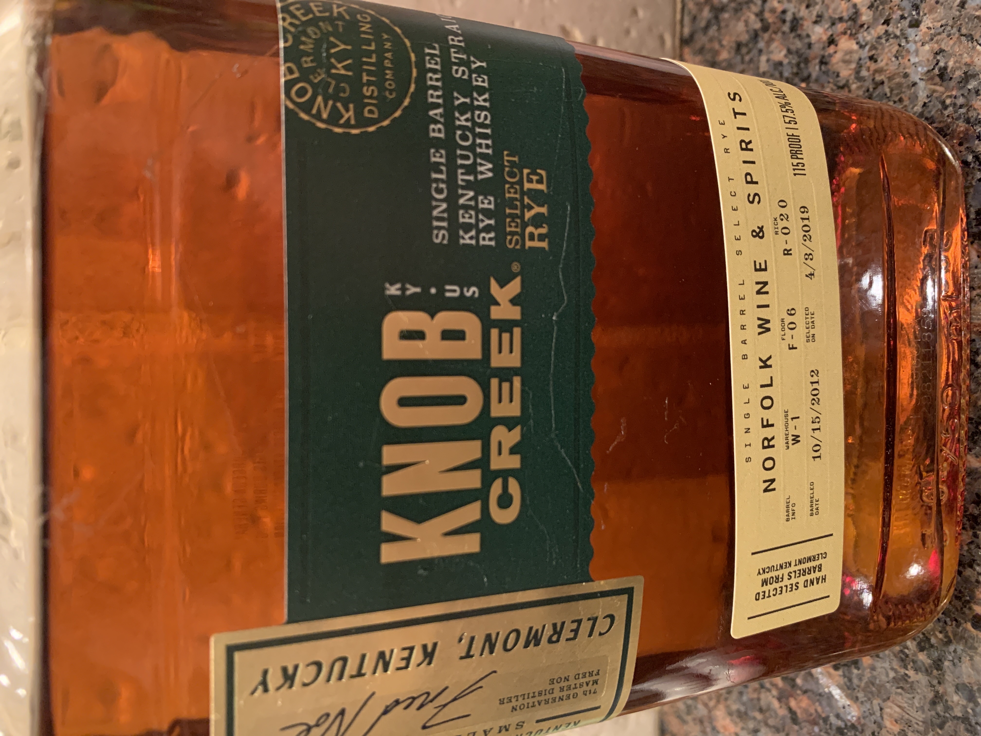 Knob Creek Single Barrel Select Rye W-1 F-06 R-020 (Norfolk Wine & Spirits)
