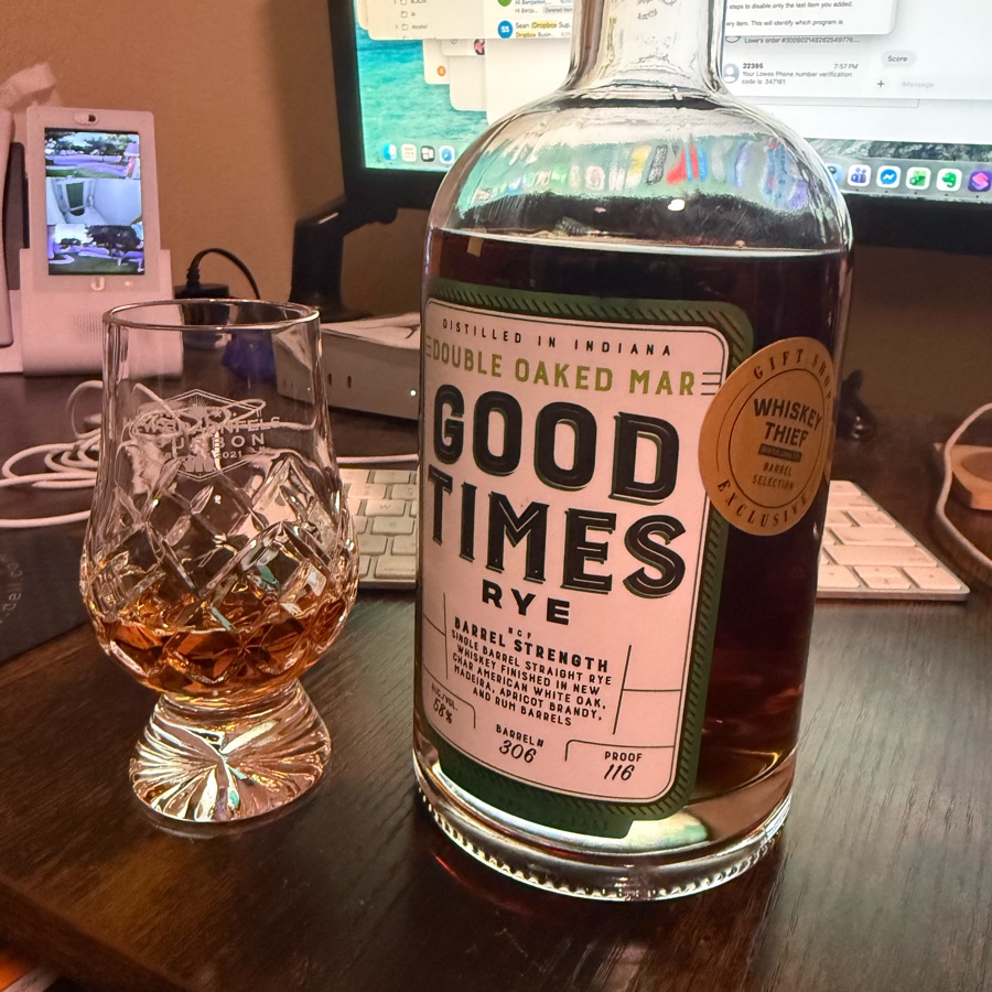 Good Times Rye Double Oaked MAR NCF Barrel Strength Single Barrel Straight Rye Whiskey Finished In New Char American White Oak, Madeira, Apricot Brandy, And Rum Barrels (Whiskey Thief Distilling Company Barrel Selection Gift Shop Exclusive Barrel # 306)