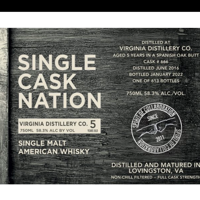 Single Cask Nation, Virginia Distillery Co. Single Malt, Aged 5 Years, Cask #666