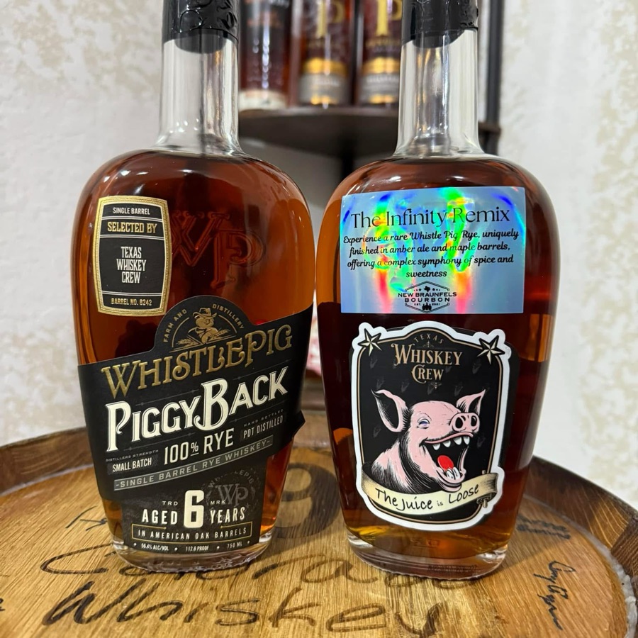 WhistlePig PiggyBack Small Batch 100% Rye Pot Distilled Single Barrel Rye Whiskey Aged 6 Years In American Oak Barrels (New Braunfels Bourbon - The Infinity Remix)