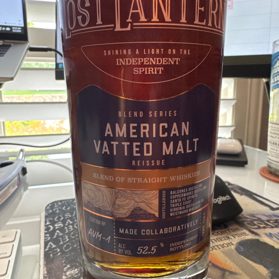 Lost lantern, American vetted malt reissue blend of straight whiskeys from balconies, copper works, Santa Fe, triple light, Virginia, distilling, and Westward - AVM-1
