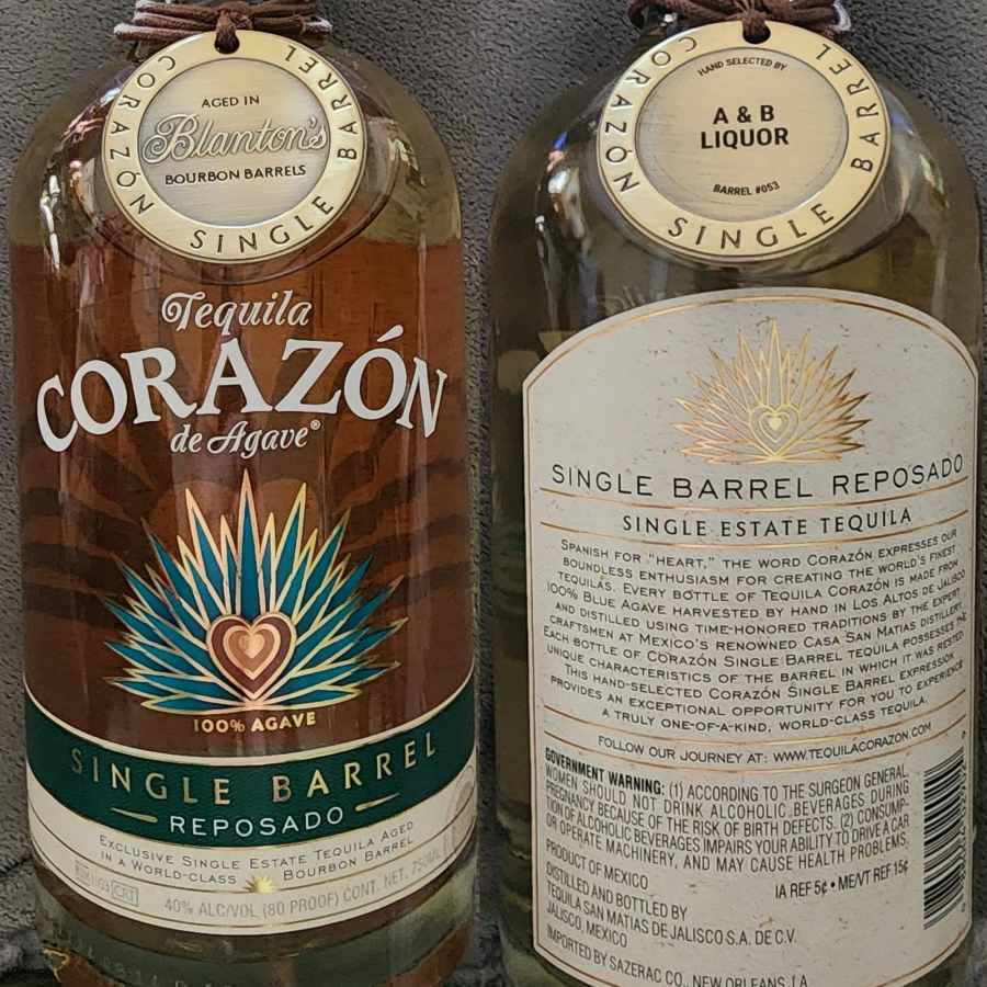 Corazón de Agave Single Barrel Reposado Tequila Aged in Blanton's Bourbon Barrels - Store Pick A & B Liquor, Michigan