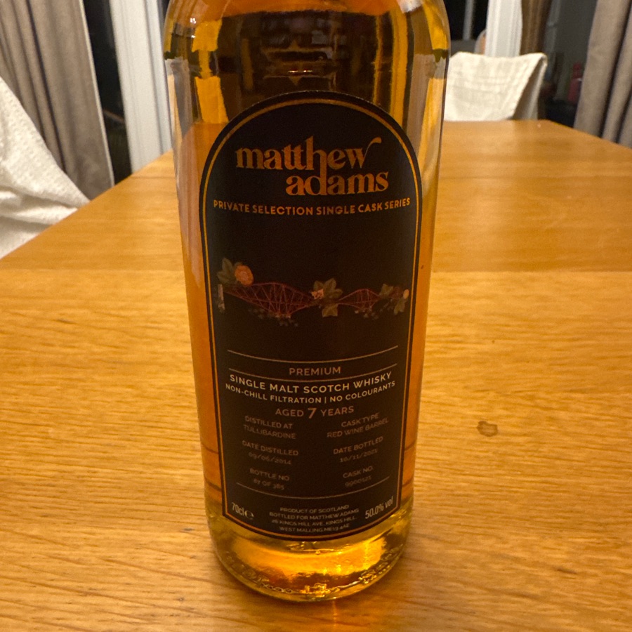 Matthew Adams Private Selection Single Cask. Tullibardine