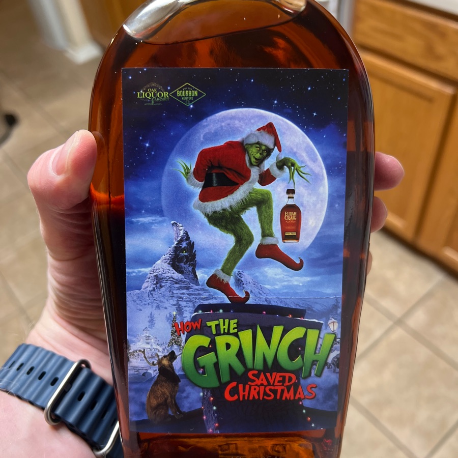 Elijah Craig Single Barrel Private Barrel Barrel Proof (Oak Liquor Cabinet Barrel Serial No. 6802536) Grinch Christmas Bottle