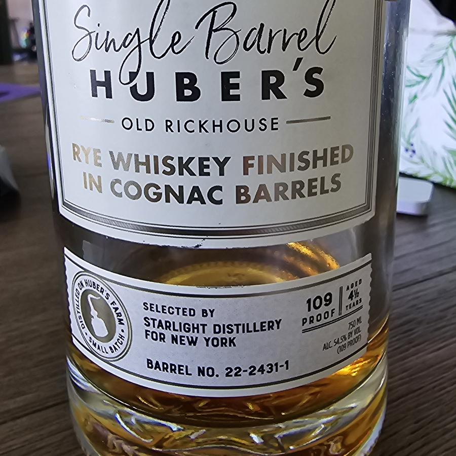 Starlight Single Barrel Huber's Old Rickhouse Rye Finished in Cognac Barrels (Roc Elite barrel no 22-2431-1)
