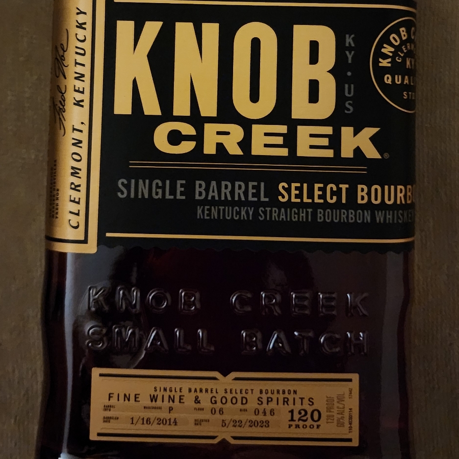 Knob Creek Single Barrel Select Bourbon FW&GS, BARREL INFO: WH P, FLOOR 06, RICK 046 BARRELED:1/16/2014, SELECTED:5/22/2023