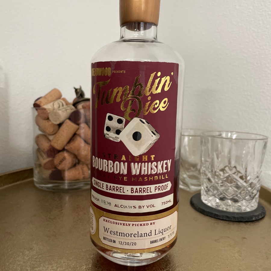 Tumblin' Dice Straight Bourbon Whiskey (Heavy Rye Mashbill) 5 year Single Barrel Barrel Proof