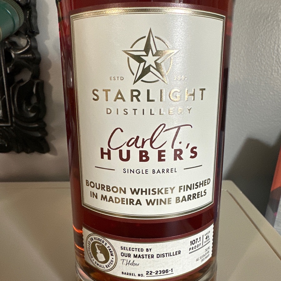 Starlight Distillery Car T. Huber's Single Barrel Bourbon Whiskey Finshed In Maderia Wine Barrels