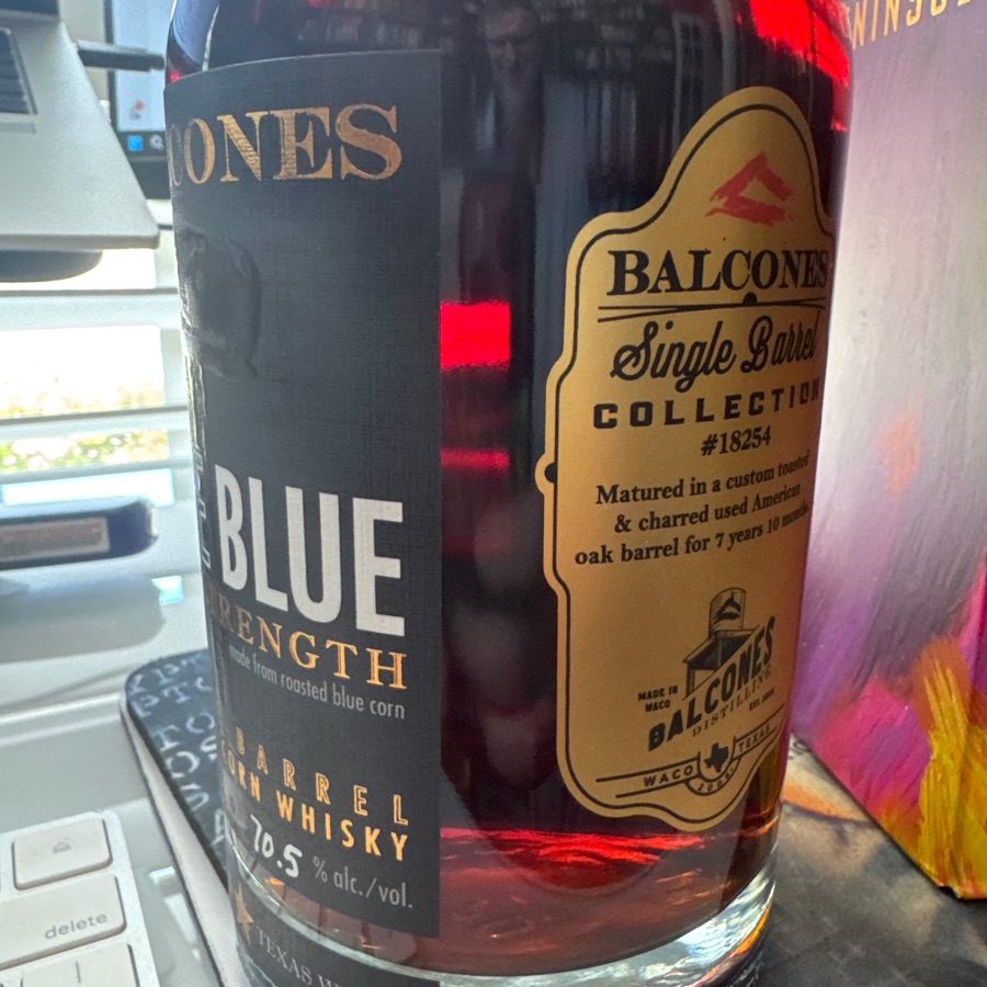 Balcones True Blue Cask Strength matured in a custom toasted and charred used American oak barrel for seven years and 10 months; Barrel 18254