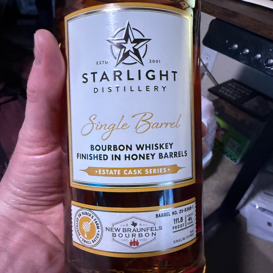 Starlight Single Barrel Bourbon Whiskey Finished In Honey Barrels Estate Cask Series (New Braunfels Bourbon)