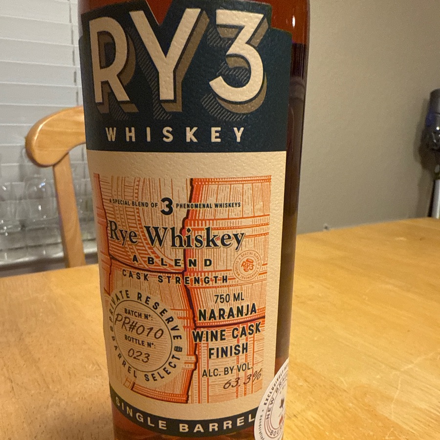 RY3 Whiskey Rye Whiskey A Blend Cask Strength Private Release Barrel Select Single Barrel (Batch No: PR#010) Narjana Wine Cask Finish (New Braunfels Bourbon)