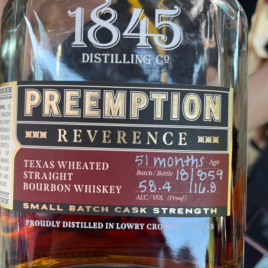 1845 Preemption Reverence Texas Wheated Straight Bourbon