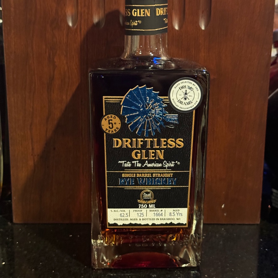 Driftless Glen Single Barrel Rye Whiskey (Barrel 1664 Drums and Drams)