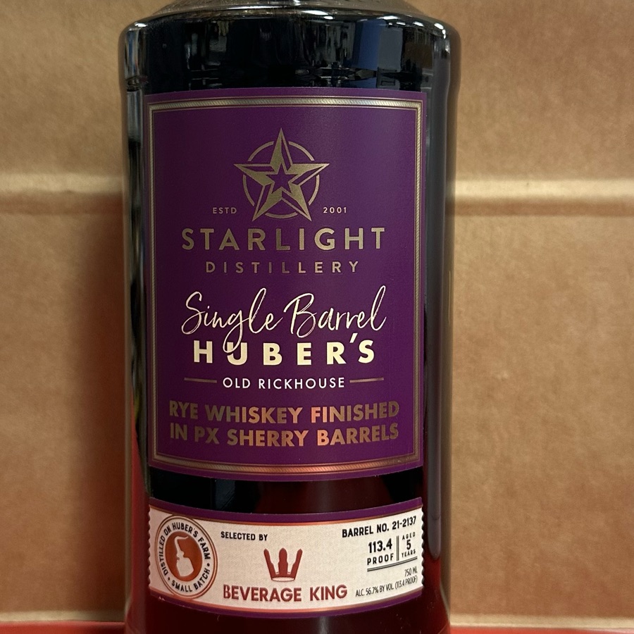 Starlight Single Barrel Huber's Old Rickhouse Rye Whiskey Finished in PX Sherry Barrels