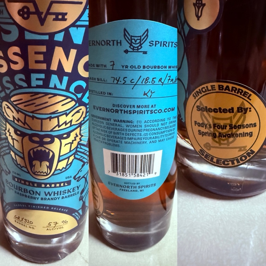 Evernorth Essence Bourbon Single Barrel Finished in Rasberry Brandy Barrels (Fady's Four Seasons Spring Awakening aka Berry me Alive) Mashbill: 74.5C/18.5R/7MB  - Barrel GRX32D