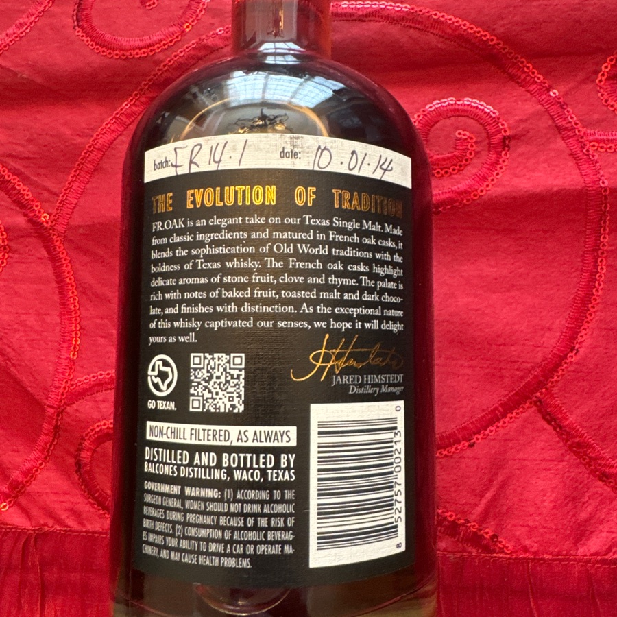 Balcones Fr.Oak Texas Single Malt Whisky Special Release - FR14-1 - 10/01/14
