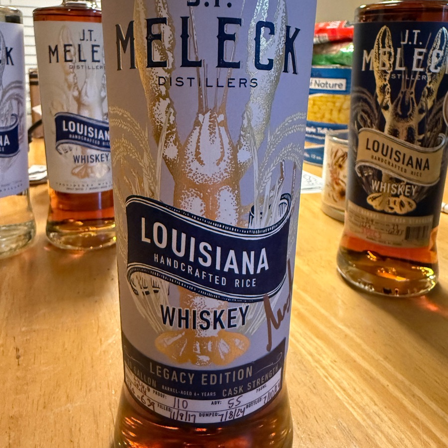 J.T. Meleck Louisiana Handcrafted Rice Whiskey Legacy Edition 30 Gallon Barrel-Aged 6+ Years Cask Strength (Barrel: 2.4.6.8.10.14 Filled: 11/8/17 Bottled: 7/10/24)