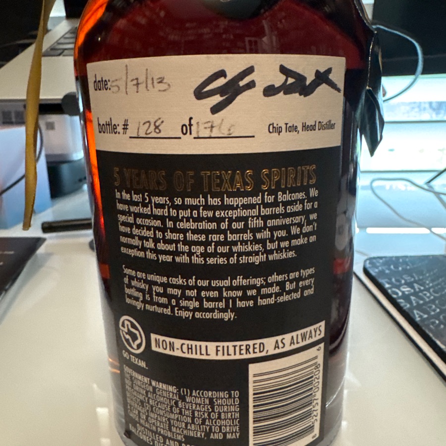 Balcones V Anniversary single barrel, Texas rate bourbon whisky - 5/7/13 - 128 of 176 - Chip Tate