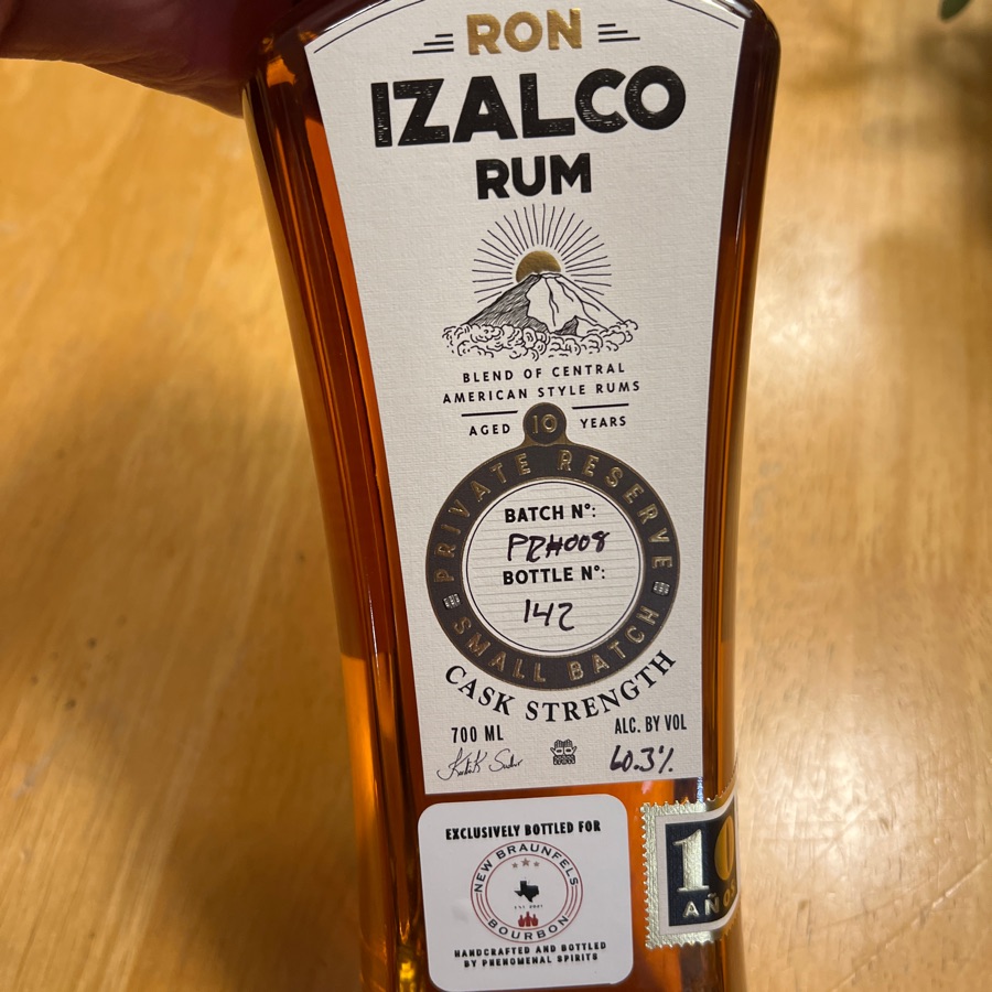 Ron Izalco Rum 10 Year Private Release Small Batch Cask Strength Batch No. PRH008 (New Braunfels Bourbon)