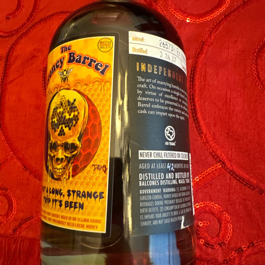 Balcones Texas Single Malt Whisky Single Barrel 26573 - The Honey Barrel pick - Ex Elijah Craig Barrel that previously held honey - 10/5/20