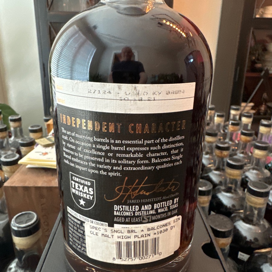 Balcones High Plains Texas Single Malt Whisky - Spec's Single Barrel #27124