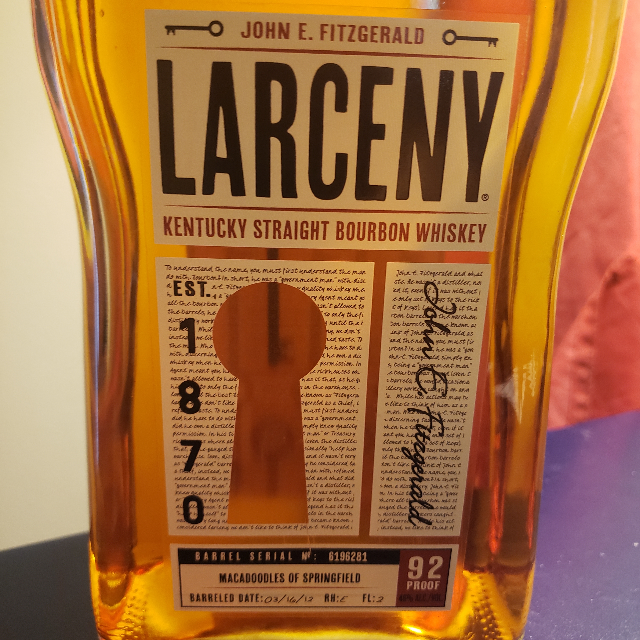 LARCENY KENTUCKY STRAIGHT BOURBON WHISKEY SMALL BATCH BARREL #6196281 (MACADOODLES)