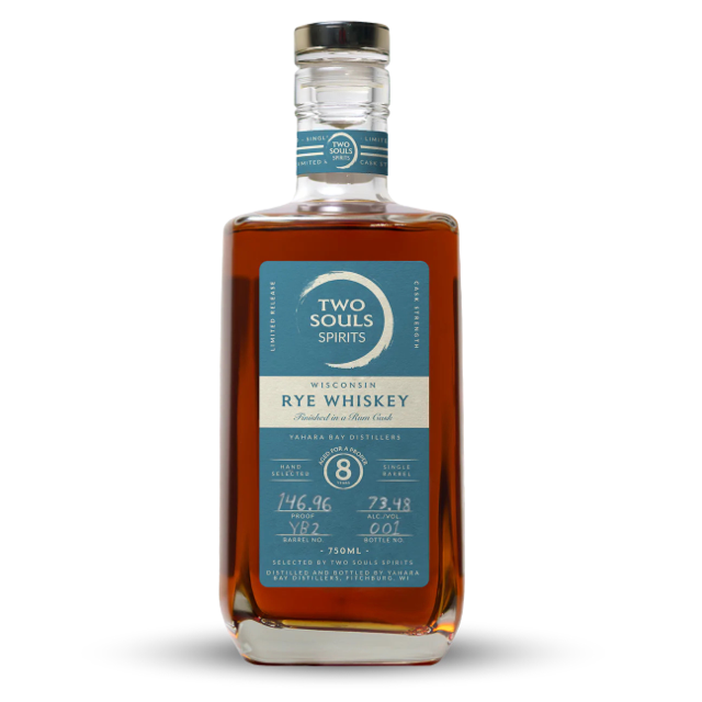 Two Souls Spirits, 8-Year Wisconsin Rum Cask Finished Rye Whiskey Featuring Yahara Bay Distillers