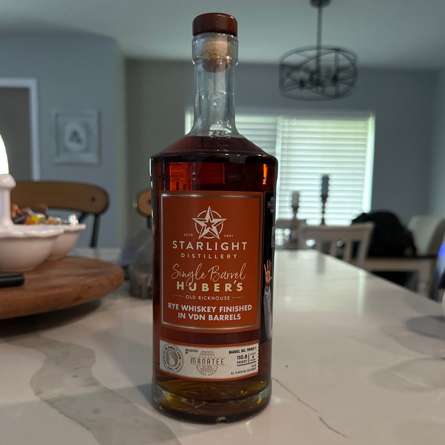 Starlight Distillery Single Barrel Huber's Old Rickhouse Selected By Manatee Whiskey Society