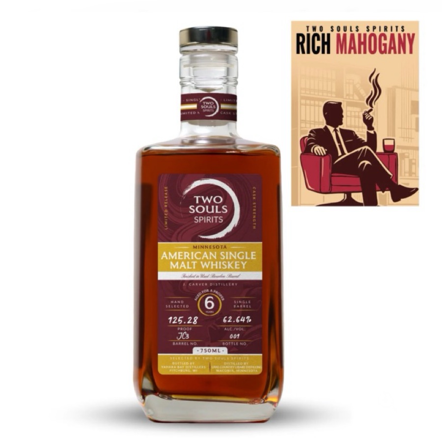 Two Souls Spirits 6-Year Minnesota American Single Malt Finished in a Used Bourbon Barrel, Featuring J. Carver Distillery