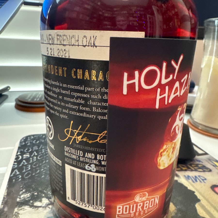 Balcones rumble cast reserve single barrel bourbon Brose pick holy hazmat, black tie liquor, five year eight months new French oak finished 5/21/21