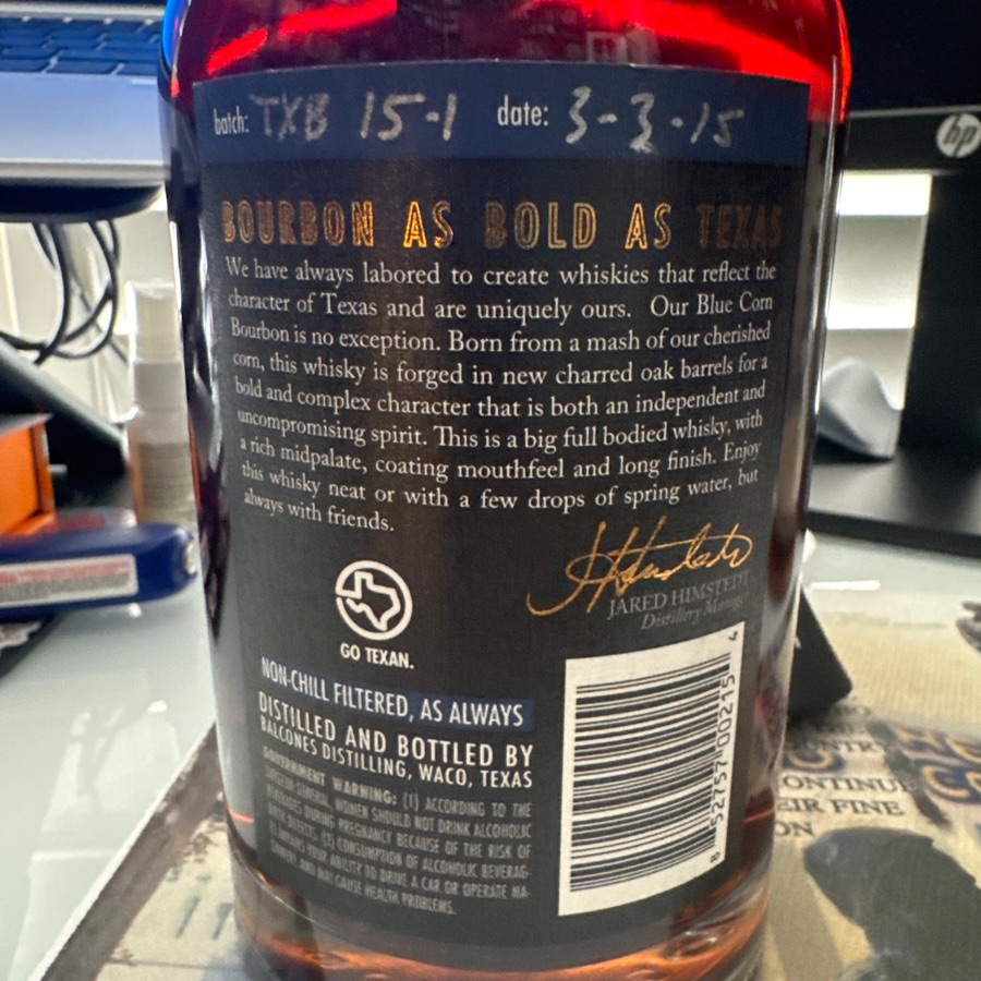 Balcones Texas Blue Corn Bourbon Whisky - Special Release - TXB 15-1 - 3/3/15