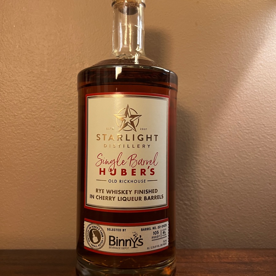 Huber's Starlight Distillery Rye Finished in ex Cherry Liqueur Barrel # 22-2425 Binny's Handpicked