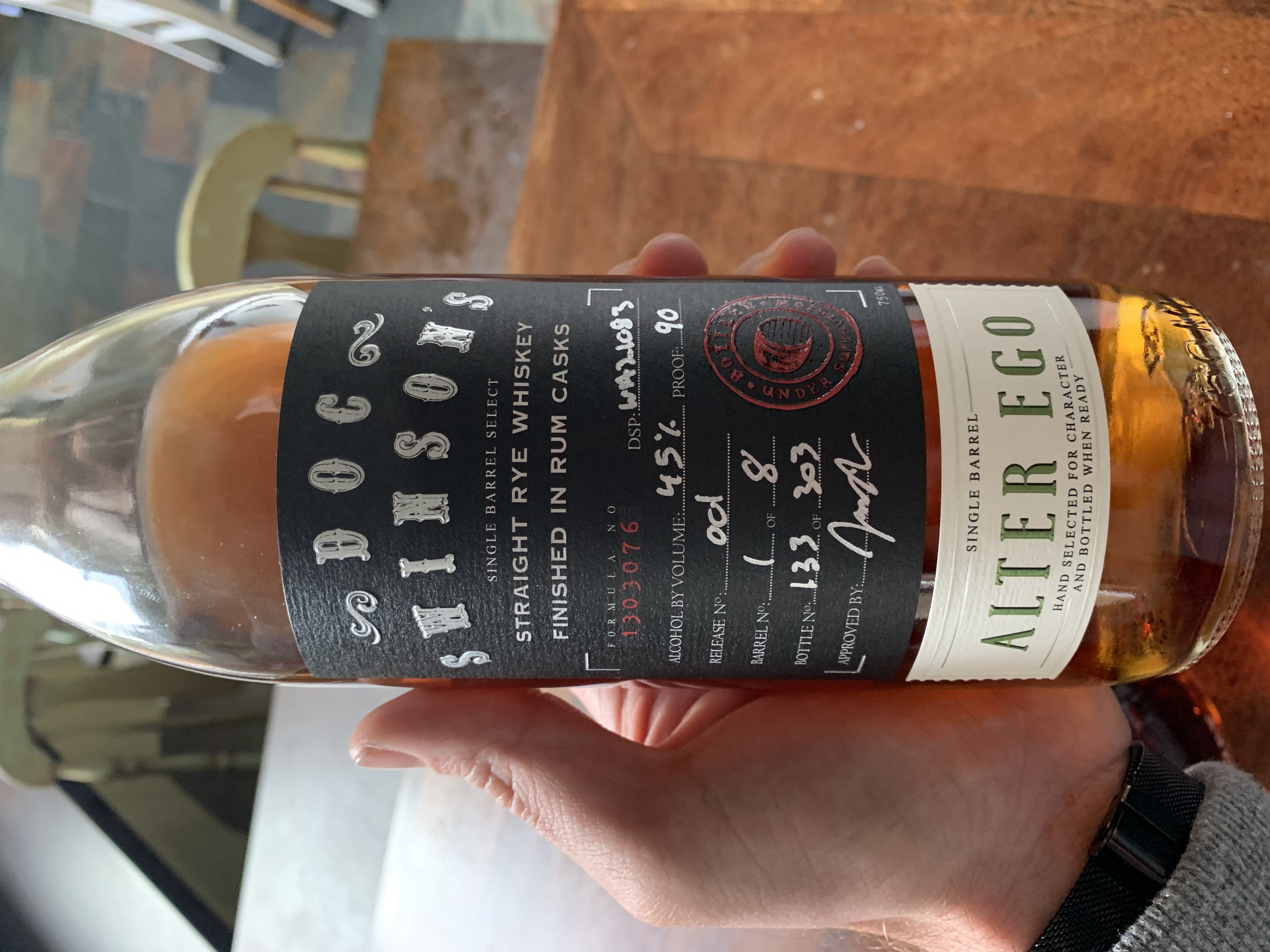 Doc Swinson's Alter Ego Single Barrel Select Straight Rye Whiskey Finished in Rum Casks