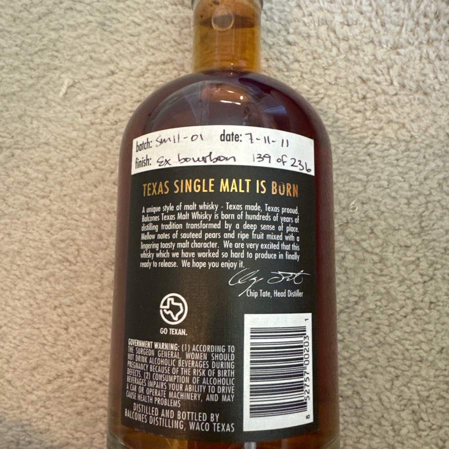 Balcones Texas Single Malt - Chip Tate - SM11-01 - 7/11/11 - bottle 139 of 236
