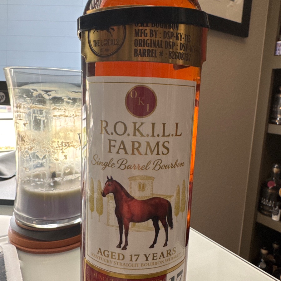 the Locals Whiskey Club - O.K.I. R.O.K.I.L.L. Farms single barrel Kentucky straight bourbon whiskey; Mfg by: DSP-KY-113;
original DSP: DSP-KY-67
Barrel # 82608137