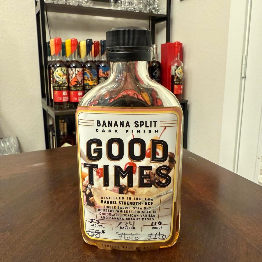 Good TImes Banana Split Cask Finish Single Barrel Straight Bourbon Whiskey Finished in Chocolate, Mexican Vanilla and Banana Brandy Casks Barrel Strength NCF Limited Rare Release (New Braunfels Bourbon Barrel # 734)