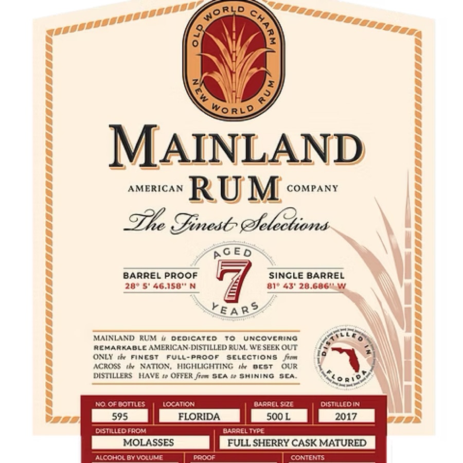 Mainland American Rum Company Aged 7 Years Barrel Type Full Sherry Cask Matured Location Florida