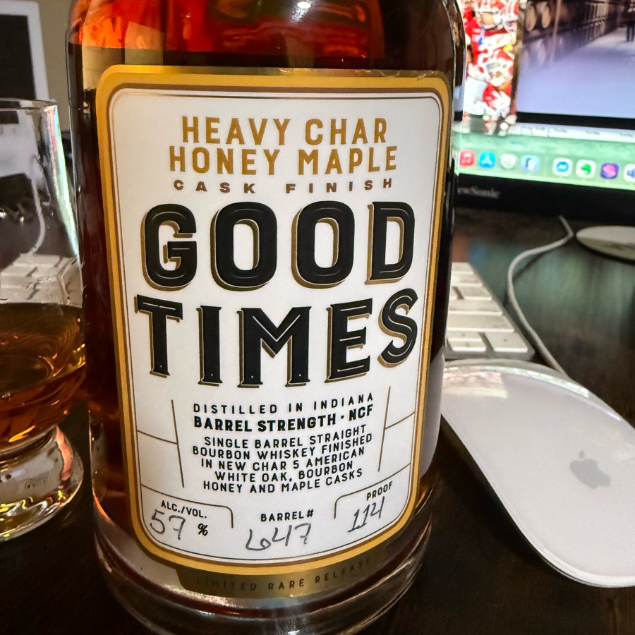 Good Times Heavy Char Honey Maple Cask Finish Barrel Strength - NCF Single Barrel Straight Bourbon Whiskey Finished In New Char 5 American White Oak, Bourbon Honey And Maple Casks (AC/DC)