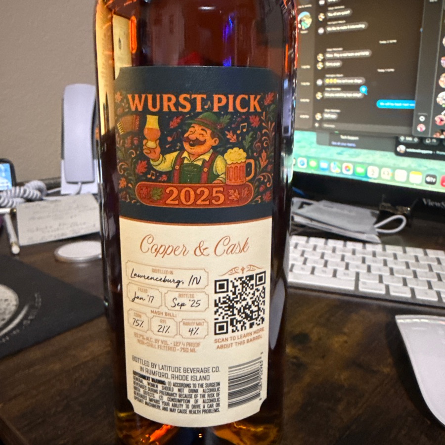 Copper & Cask Straight Bourbon Whiskey Single Barrel Selection: New Braunfels Bourbon (Barrel Number MI-217 Wurst Pick 2025)