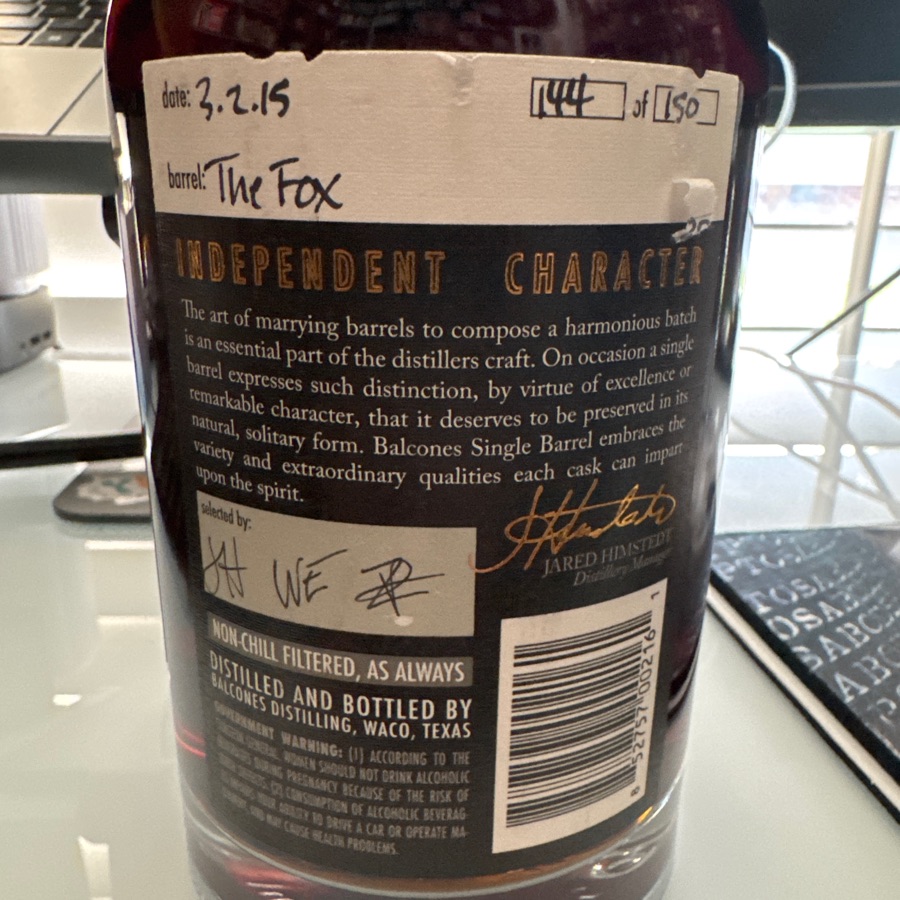 Balcones The Fox - 3/2/15 - Bottle 144 of 150 - a Mary of our golden promised single malt and our blue corn bourbon