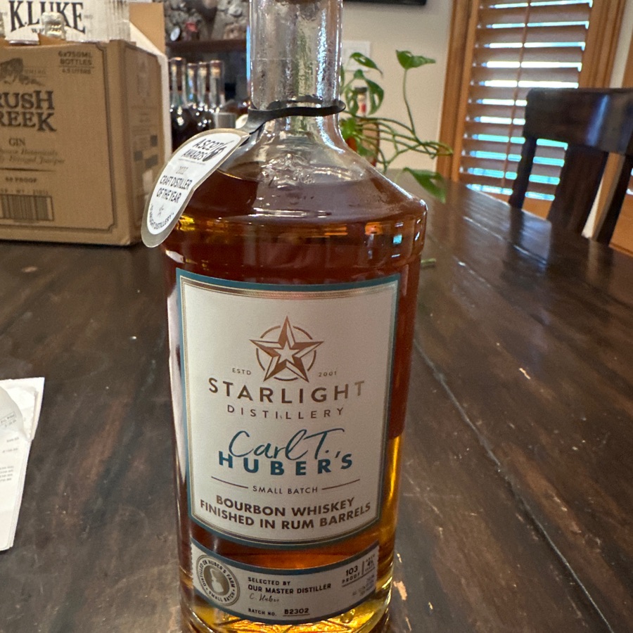 Starlight Distillery Carl T. Huber's Small Batch Bourbon Whiskey Finished in Rum Barrels (batch B2302)
