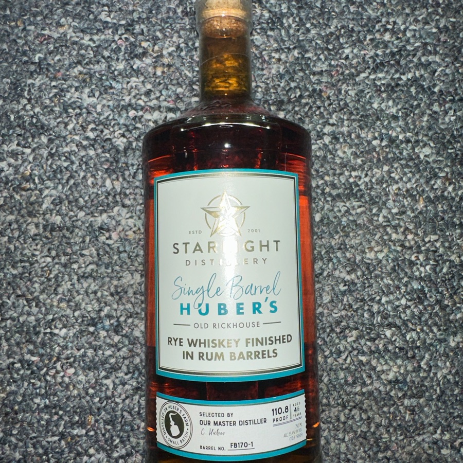 Starlight Rye Whiskey Finished In Rum Barrels Selected by C. Huber Barrel FB170-1