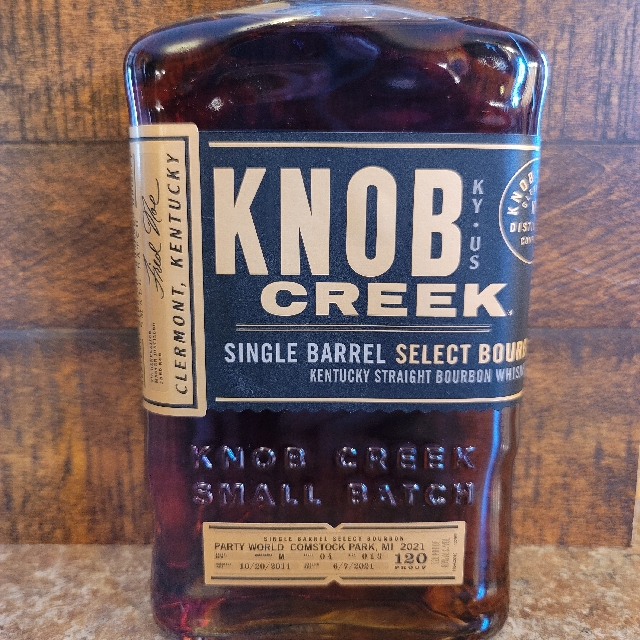 KNOB CREEK SINGLE BARREL SELECT BOURBON, PARTY WORLD BARREL PICK, W-M F-04 R-013, DISTILLED 10/20/2011, BOTTLED 6/7/2021