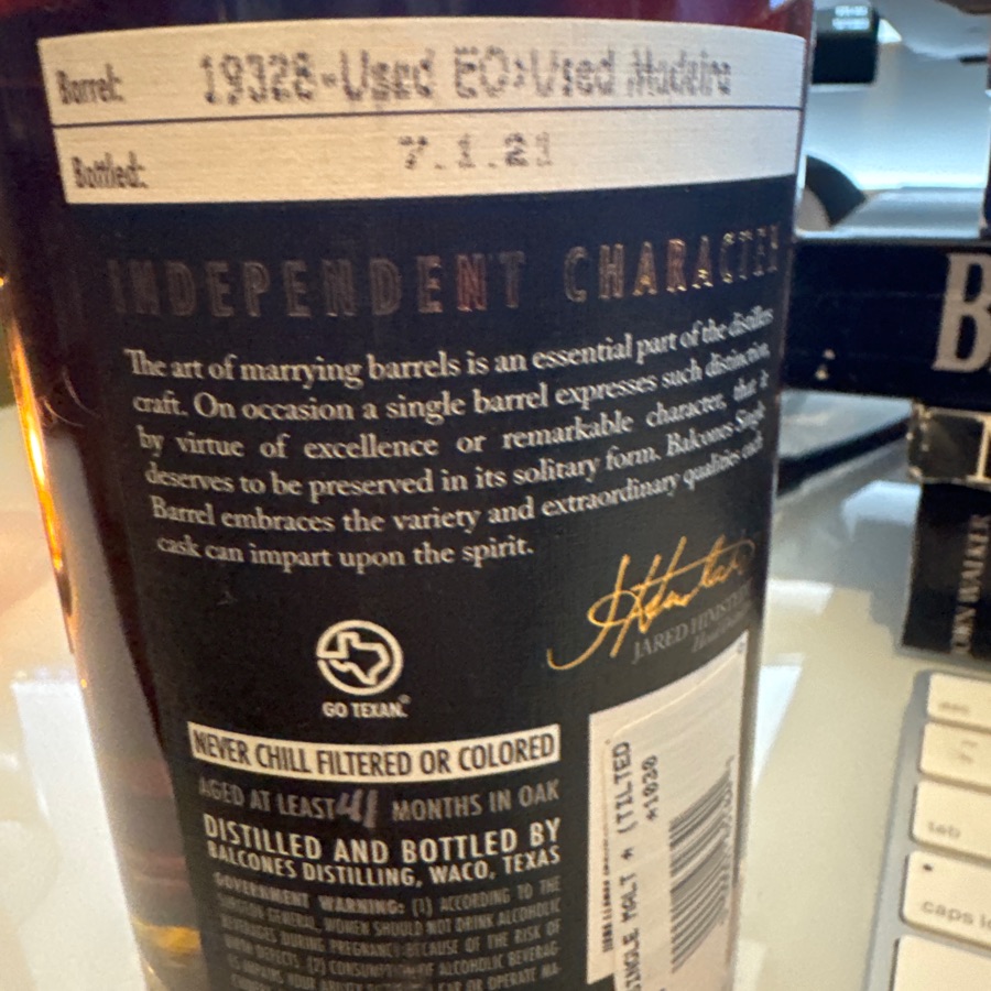 Balcones Single Malt Single Barrel Tilted Bottle Pick - Barrel 19328 - 7/1/21