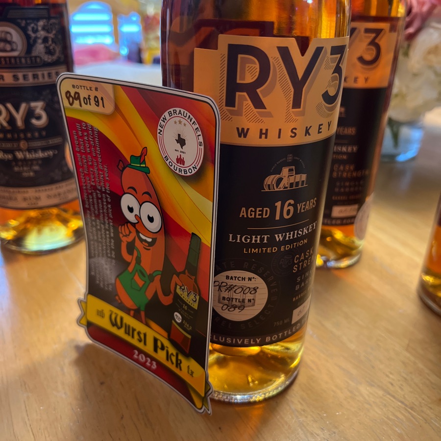 RY3 Whiskey Aged 16 Years Light Whiskey Limited Edition Cask Strength Single Barrel Barrel Select Batch No: PR#008 (New Braunfels Bourbon)