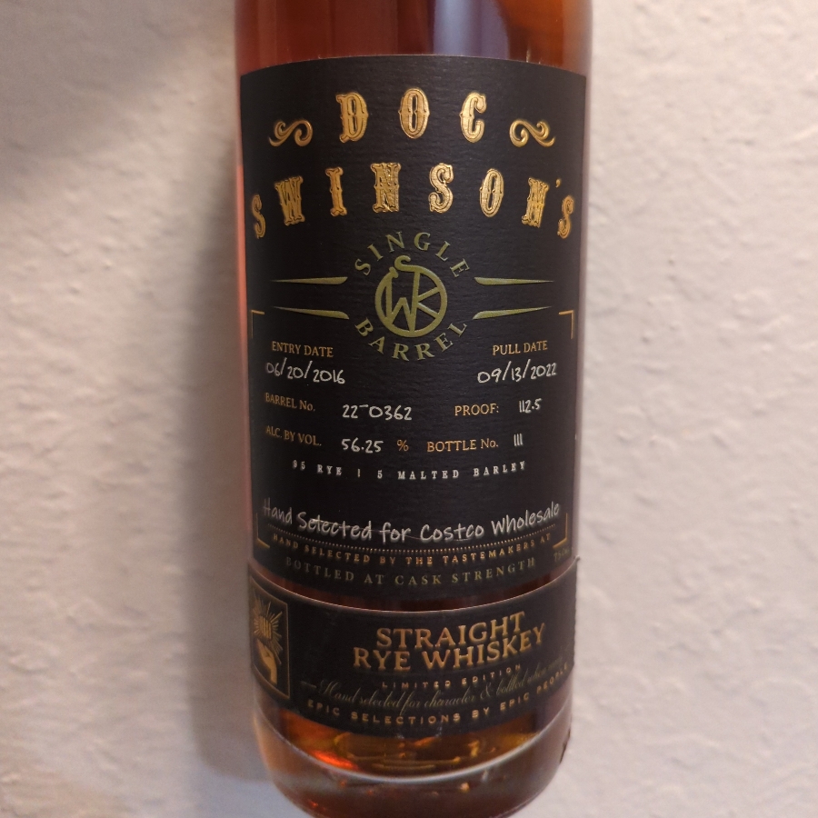 Doc Swinson's Single Barrel Straight Rye Whiskey (Costco)